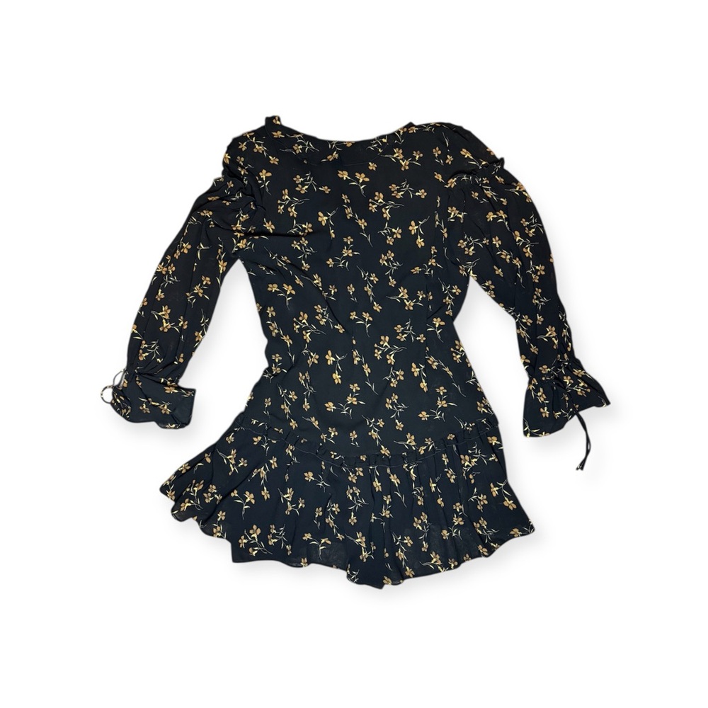 Topshop Black Floral Boho Mini Dress Ruffle Long Sleeve Size 10 - Picture 5 of 6